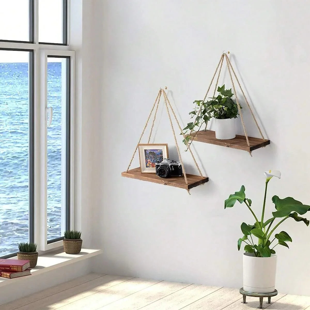 1Pc Wooden Swing Hanging Hemp Rope Wall Shelve