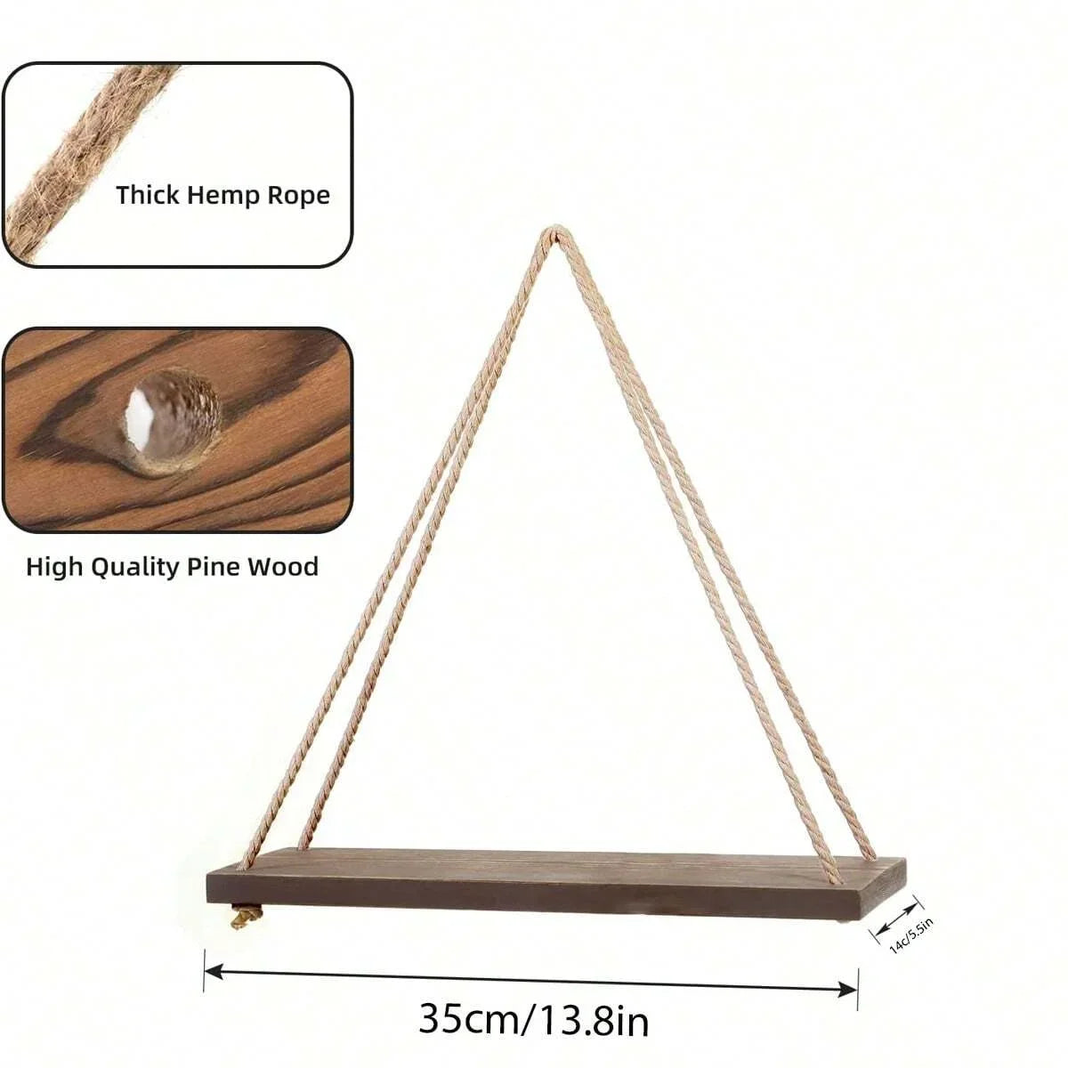 1Pc Wooden Swing Hanging Hemp Rope Wall Shelve