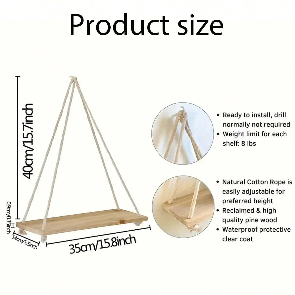 1Pc Wooden Swing Hanging Hemp Rope Wall Shelve