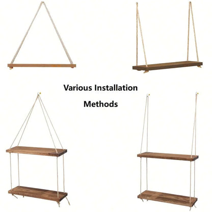 1Pc Wooden Swing Hanging Hemp Rope Wall Shelve